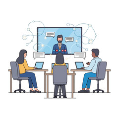 Fototapeta premium Three diverse professionals use laptops for a virtual video conference, collaborating via abstract network connections in a clean 2D flat illustration on a white background.
