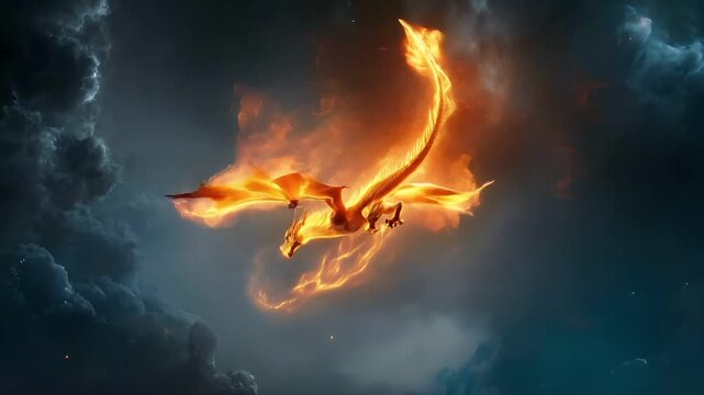 A vivid portrayal of a dragon in midflight amidst a fiery backdrop. The dragon is depicted in a dynamic pose, with its wings spread wide and its body engulfed in flames.