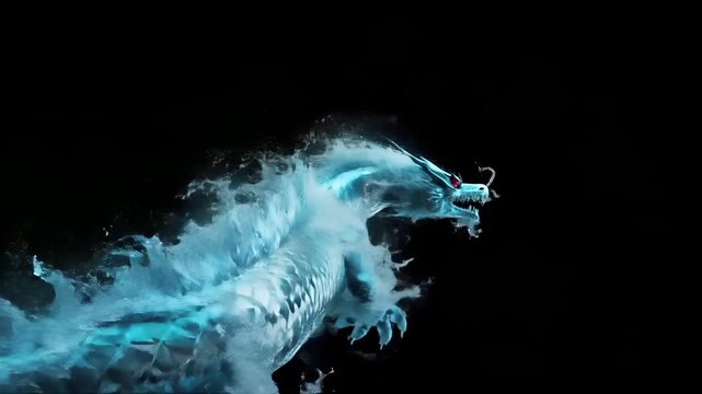 A highresolution digital artwork of a blue, icy dragon with red eyes, set against a stark black background. The dragon appears to be in a dynamic pose, with its mouth open.