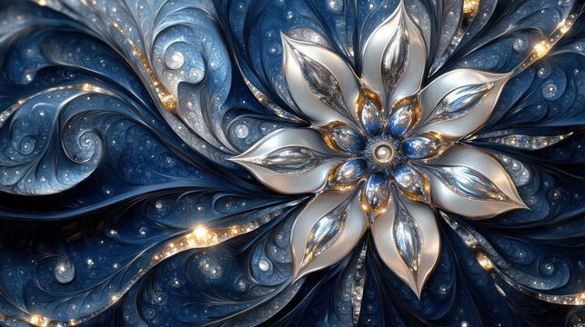 Elegant silver flower, blue swirls, glittering background; digital art, home decor