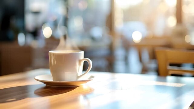 A closeup shot of a white coffee cup on a saucer, set against a blurred background of a cafe setting. The cup is the main subject, with its glossy surface reflecting the ambient light.