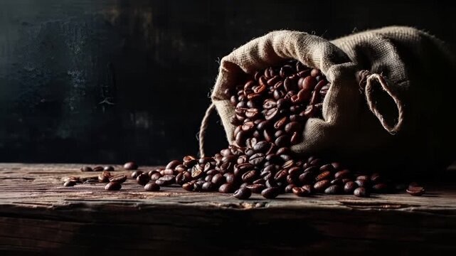 A closeup shot of a sack filled with coffee beans on a wooden surface. The beans are a rich brown color, and the sack is a light beige. The background is dark.