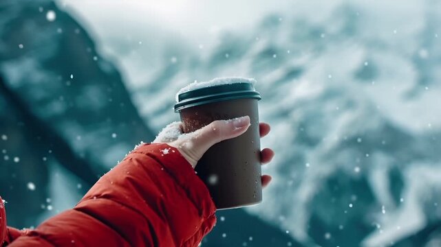 A person in a red jacket holding a brown cup against a snowy backdrop.