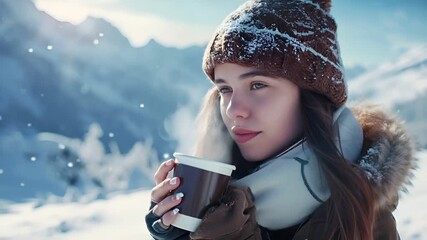 A woman in winter attire holds a cup of coffee against a snowy backdrop.