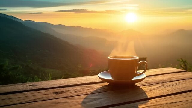 coffee cup on wooden table during sunset with mountains in the background.