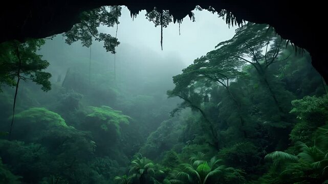 A vivid portrayal of a lush, verdant rainforest bathed in a misty ambiance, with a focus on the interplay of light and shadow. The dense foliage is a tapestry of green hues.