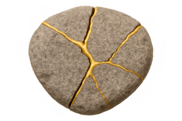 Kintsugi rock healing, showing imperfection and resilience with textured gold filling cracks, on transparent background