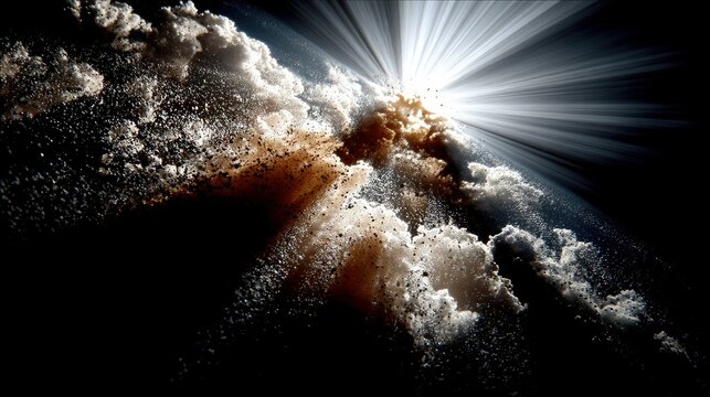 A dramatic depiction of a cosmic dust cloud fragmenting and exploding, illuminated by intense rays of light emanating from a bright source in the darkness of sp