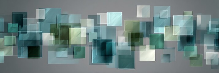 panoramic corporate glass-layered mosaic background with overlapping transparent squares in blue and green tones for web banners and business posters