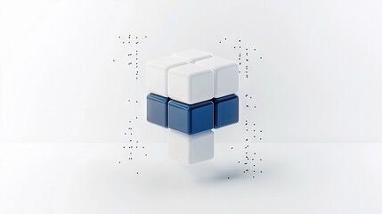 A minimalist 3D render of a cube composed of blue and white blocks, floating in a white studio with small dark particles scattered around, suggesting data or ab
