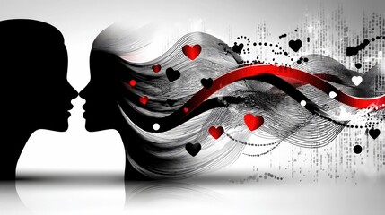 Two profile silhouettes of a couple facing each other, about to kiss. Abstract swirling lines, red and black hearts, and dotted patterns emanate from the female