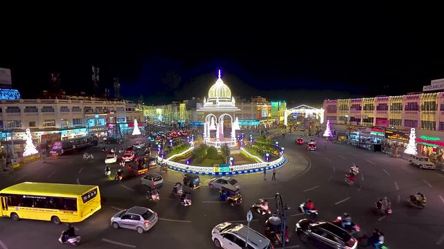 Mysuru, Karnataka, India-October 7 2025; An Evening view of the Mysore palace cityscape during Dussehra, Navratri celebration decked up with electric lights for the annual carnival in Karnataka, India