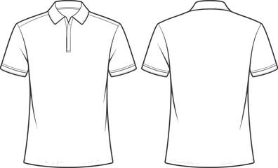 Polo shirt front and back view, classic collar, button placket, cuffed sleeves, curved hem, fashion sketch, garment template, apparel design, illustration