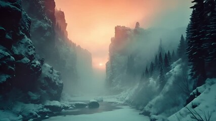 A digital artwork depicting a serene winter landscape during what appears to be either dawn or dusk. The scene is dominated by a tranquil river.