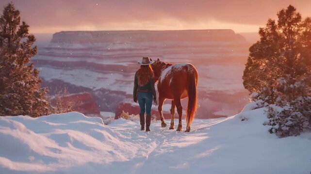 A woman with a horse in a snowy landscape during sunset. The woman is wearing a cowboy hat, blue jeans, and dark boots. The horse is brown with a white mane and tail.