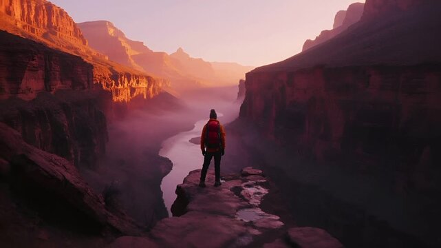 A vivid, atmospheric digital artwork depicting a solitary figure standing on a rocky outcrop overlooking a vast, misty canyon. The scene is bathed in a warm, reddishorange hue.