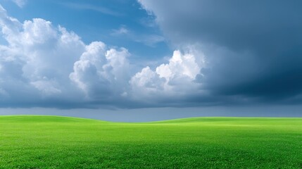 Fototapeta premium Lush Green Field Under Dramatic Sky with Bright Clouds and Dark Storm Clouds, Nature's Beauty in Harmony and Contrast Across the Landscape