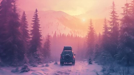 A vivid winter landscape with a vehicle on a snowy path, set against a backdrop of a sunset or sunrise. The vehicle, a fourwheel drive vehicle, is equipped with a roof rack.