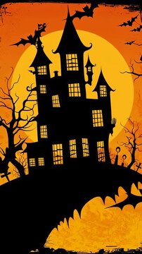 Halloween Background - Haunted house silhouette at scary night against large orange full moon, spooky trees & creepy bats flying on orange night background. Vertical video.