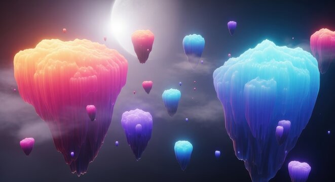 Vibrant floating landmasses in a surreal landscape bathed in moonlight and misty haze