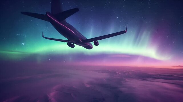 A vivid, highresolution digital artwork depicting an airplane in flight against a backdrop of a starry night sky. The plane is depicted in a side profile, with its wings spread wide.