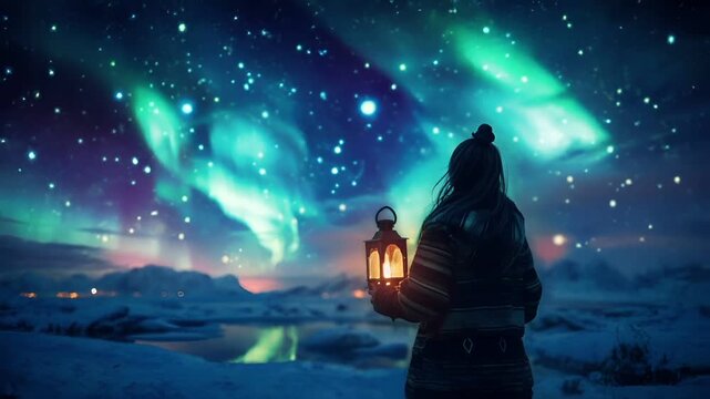 Aurora Borealis digital artwork with a person holding a lantern against a starry night sky. The person is wearing a jacket and has long hair tied back. The lantern emits a soft glow.