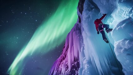 Aurora Borealis and ice climber in action against a backdrop of a frozen waterfall and a starry night sky. The scene is dominated by the vibrant green and purple hues of the aurora borealis.