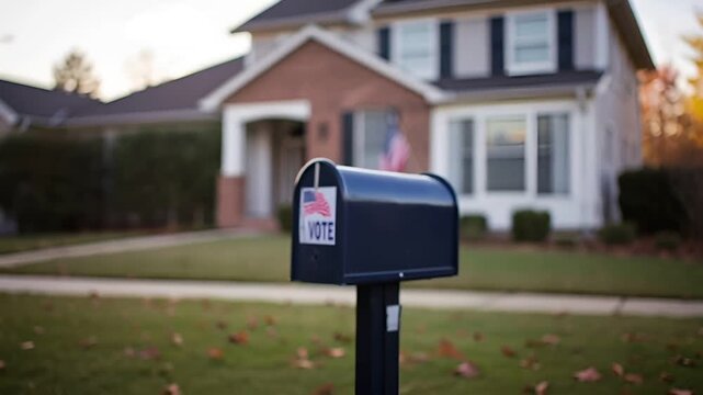 A closeup shot of a mailbox with the word VOTE printed on it, and an American flag sticker affixed to it.