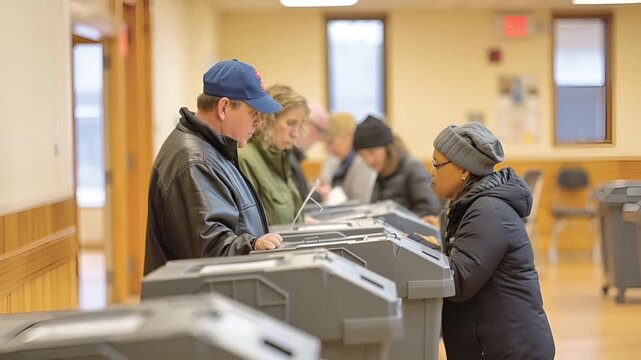 A man in a blue cap and black leather jacket is using a voting machine, with a woman in a black jacket and gray beanie standing nearby.