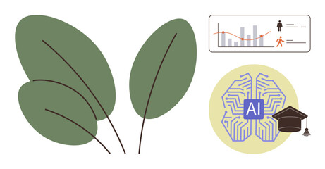 Leaves symbolizing nature, AI brain signifying technology, line chart data, and academic cap highlighting eco-research, education, and AIs role. Ideal for innovation, sustainability, education