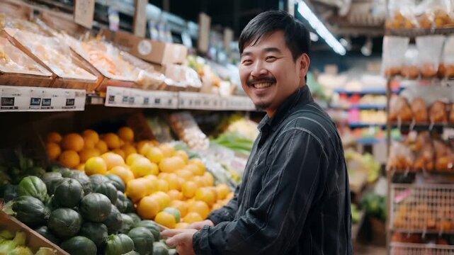 A man is smiling in a grocery store, surrounded by fresh produce. He is wearing a black jacket and is surrounded by a variety of fruits and vegetables.