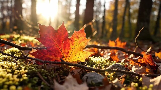 Vibrant Autumn Maple Leaf on Mossy Forest Floor at Sunset.
