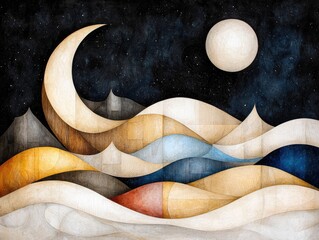 Obraz premium An abstract landscape with rolling hills and wavy forms in earthy tones, blues, and whites, set against a dark starry night sky. A large crescent moon is on the