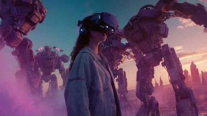 Apex Legends digital artwork featuring a female character wearing a virtual reality headset and interacting with a robot.