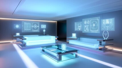 Futuristic meeting room showcasing holographic displays and glowing furniture perfect for tech innovation videos or product demos with a modern aesthetic - Powered by Adobe