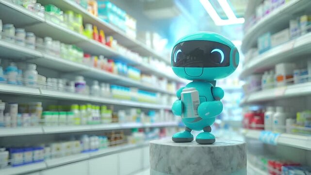 A 3D rendered, stylized image of a blue robot in a pharmacy setting. The robot is holding a clipboard and appears to be in a state of alertness.