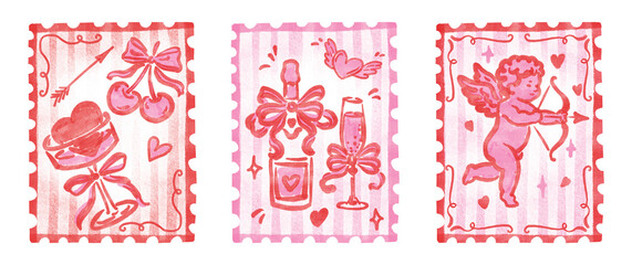 Fototapeta premium Valentine's Day Postage Stamp Clipart Set, Hand Drawn Vintage Love Stamps with Cherub, Champagne, Heart, Bow, Cherry, Romantic Pink Illustrations