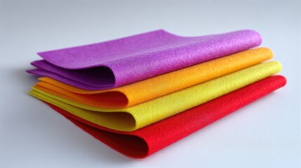 Colorful Collection of Soft Textile Fabrics in Vibrant Shades of Purple, Yellow, Orange, and Red Arranged Neatly on White Background for Creative Projects