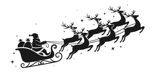 Santa Claus Sleigh and Reindeer Flying Silhouette