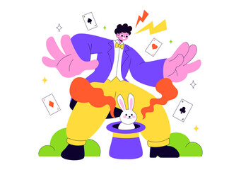 Magician Vector Illustration with Illusionist Conjuring Tricks and Waving a Magic Wand above his Mysterious Hat on a Stage in Flat Cartoon Background