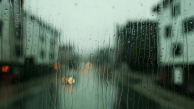 Raindrops sliding down window with city lights bokeh background