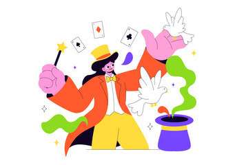 Magician Vector Illustration with Illusionist Conjuring Tricks and Waving a Magic Wand above his Mysterious Hat on a Stage in Flat Cartoon Background
