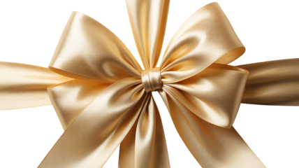 A close up of a luxurious gold satin ribbon tied into a bow isolated on a transparent background fabric