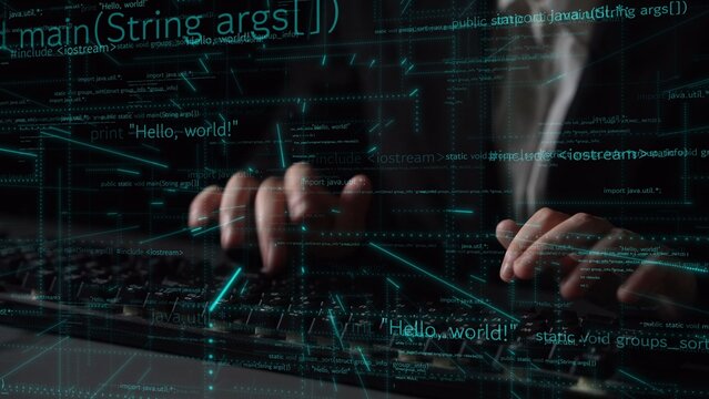 A captivating view of hands typing code on a keyboard, surrounded by digital elements and lines of code, representing advanced programming and technology in action. Xenic