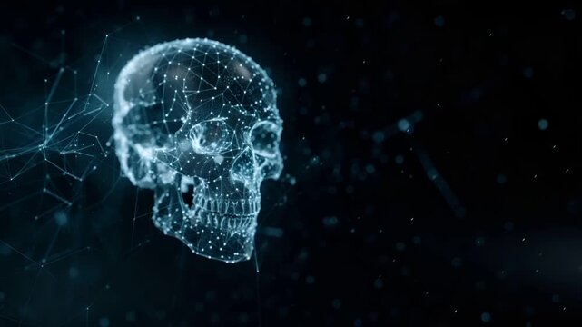 A highresolution digital artwork of a human skull, rendered in a 3D style with a high level of detail and precision. The skull is depicted with a network of lines and dots.