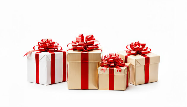 four golden and white christmas presents tied with bright red bows