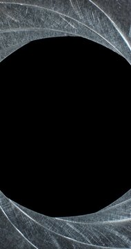 Circular blades of a mechanical iris create a precision opening controlling amount of light entering a camera lens with the opening mechanism controlling the aperture and the depth of field in focus.