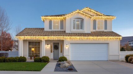 Cozy Home Decorated with Warm Holiday Lights in a Beautiful Evening Setting Surrounded by Lush Greenery and Clear Blue Sky