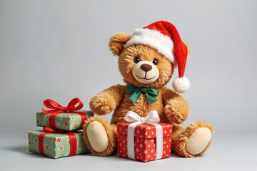 Fototapeta premium Cute teddy bear wearing a Santa hat and Christmas gifts, holidays and celebrations concept.