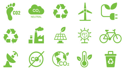 vector illustration of collection of green Eco-friendly icons for environmental protection and sustainability projects, suitable for clean energy campaigns, digital interfaces, ECO marketing visuals.